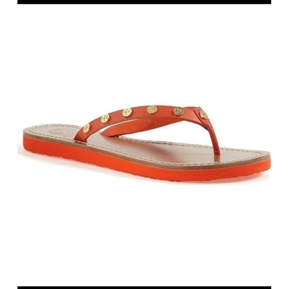 TORY BURCH RICKI‎ FLIP FLOP LEATHER UPPER RUBBER SOLE POPPY RED ORANGE SIZE 11 M